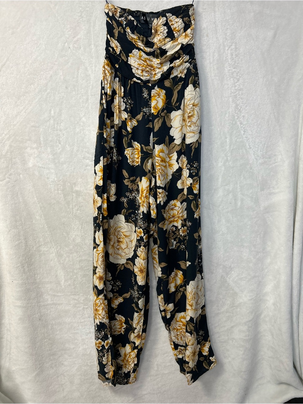 Floral Strapless Jumpsuit in Black and Yellow -